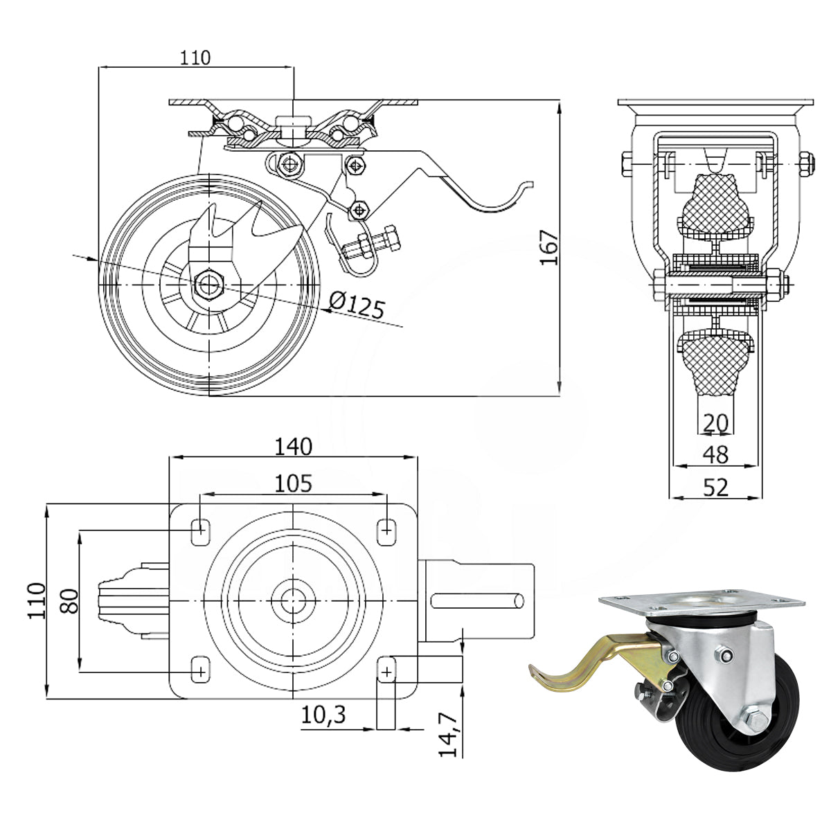 Kunststoff-Gummirrad mit Anschraubplatte und Bremse Lenkrolle Ø125 mm Code: 25T9H