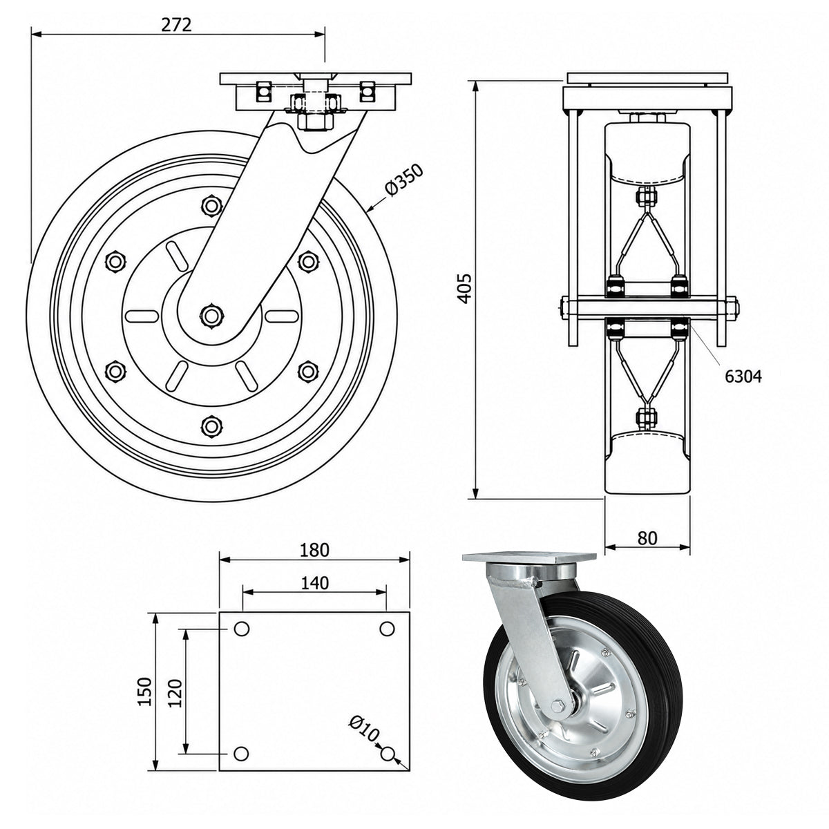 Metall-Gummiräder mit Befestigungsplatte Lenkrolle Ø350 mm mit Platte Code: 3502LD