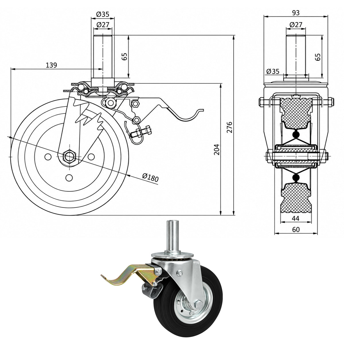 Metall-Gummiräder mit Befestigungsstift und Bremse Lenkrollen  Ø180 mm Code: 56H*27