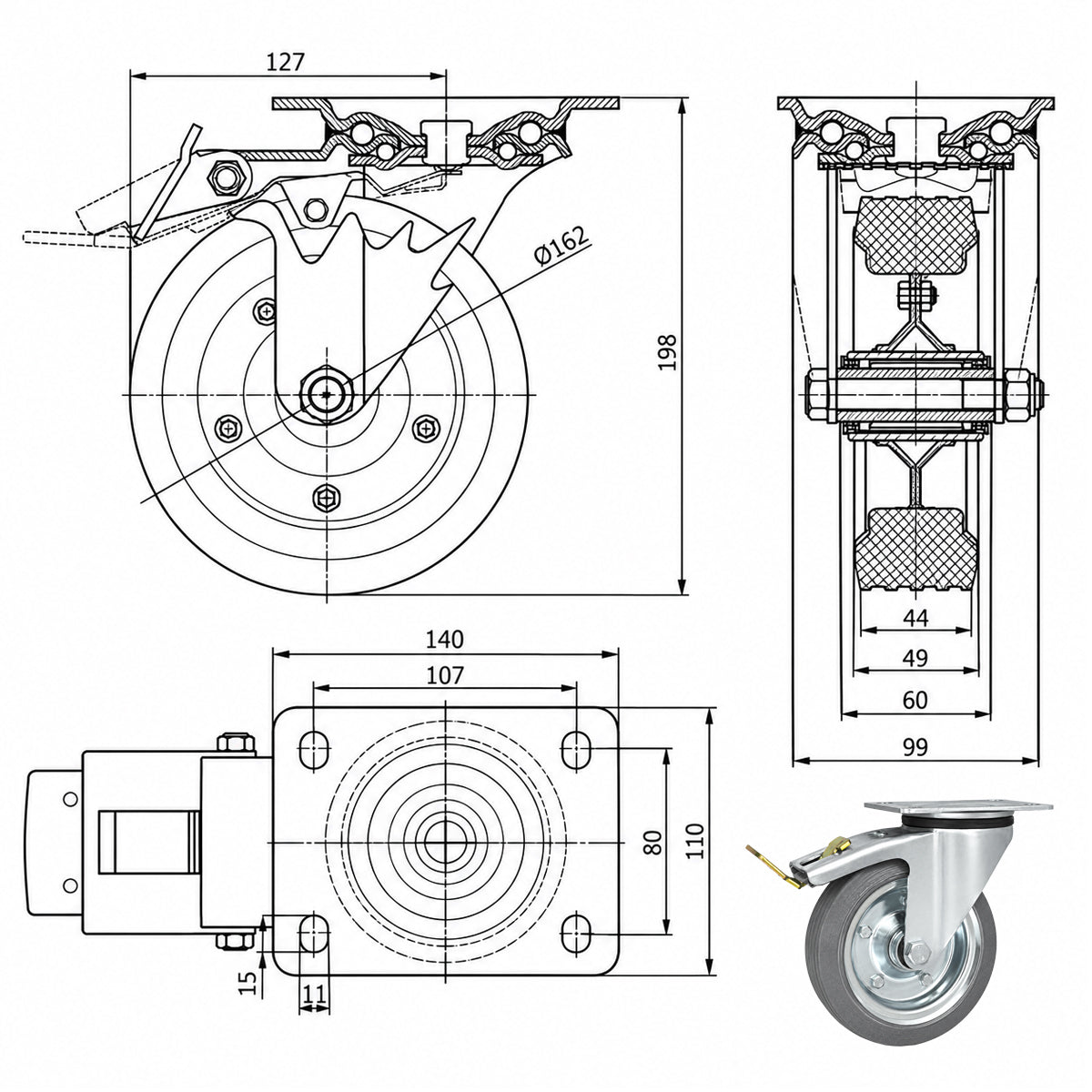 Metall-Gummiräder mit Befestigungsplatte und Bremse Lenkrolle Ø160 mm Code: 45NSWH