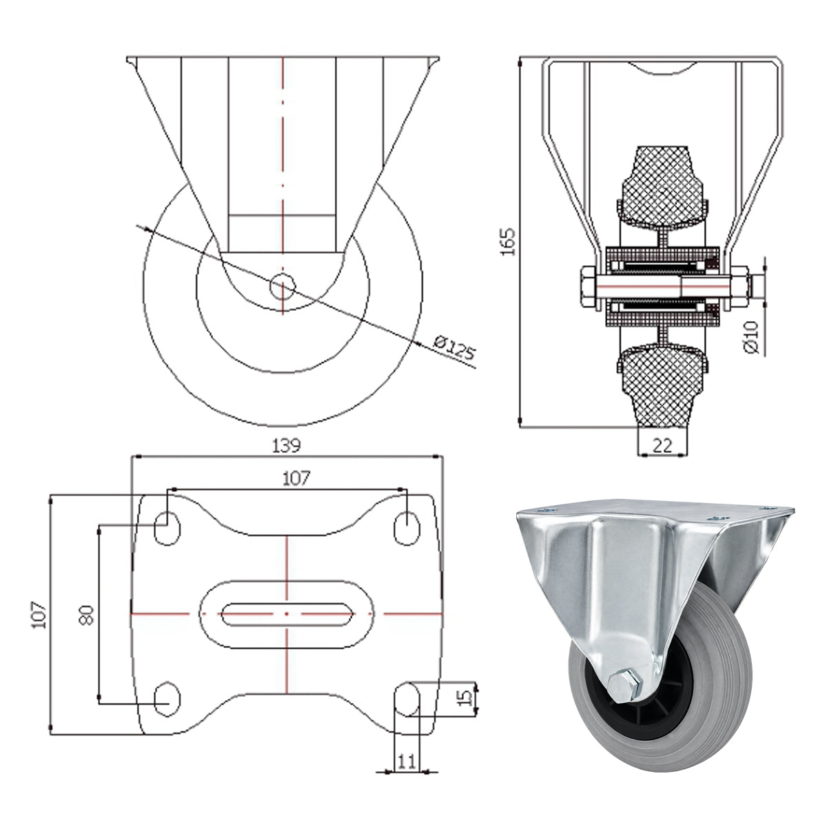 Kunststoff-Gummiräder in Bockrollengehäusen Lenkrolle Ø125 mm mit Platte Code: 23TS9