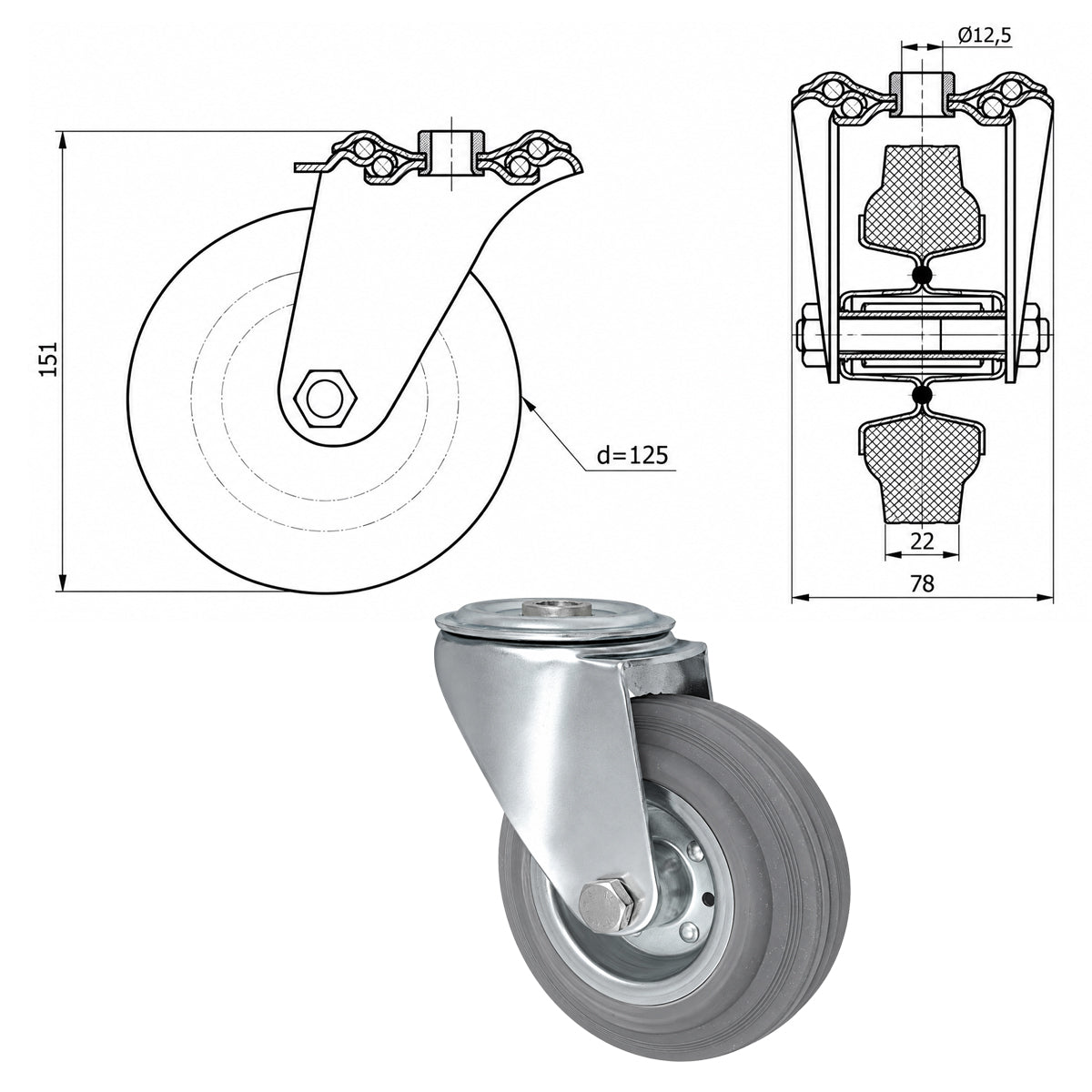 Metall-Gummiräder mit Befestigungsstift mit Zentralbohrung  Ø125 mm Code: 27MS