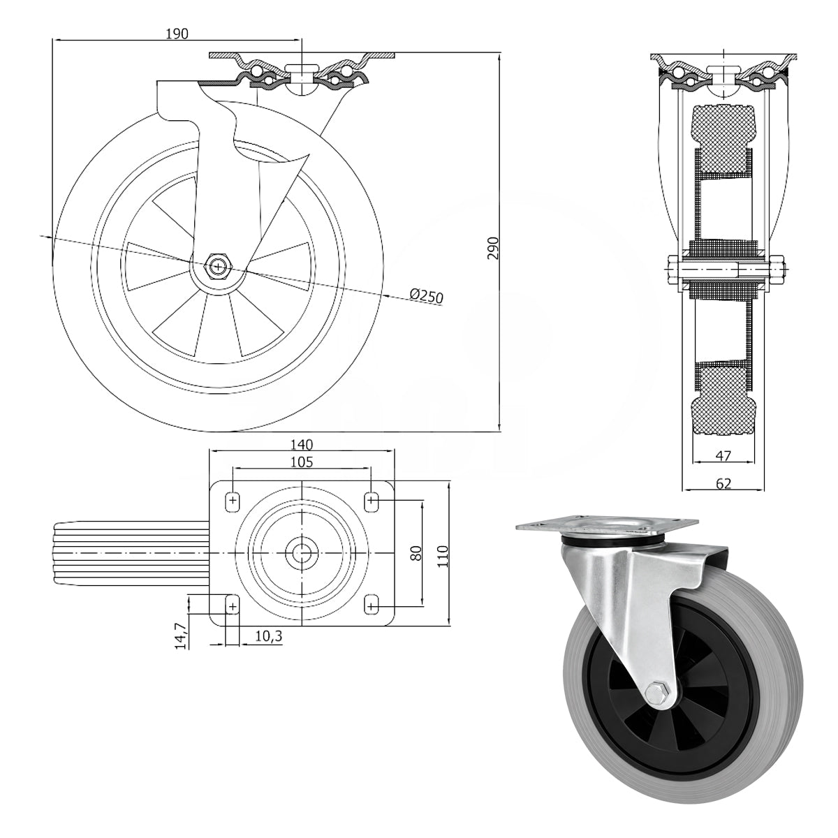 Kunststoff-Gummirrad mit Anschraubplatte Lenkrolle Ø250 mm mit Platte Code: 92TS