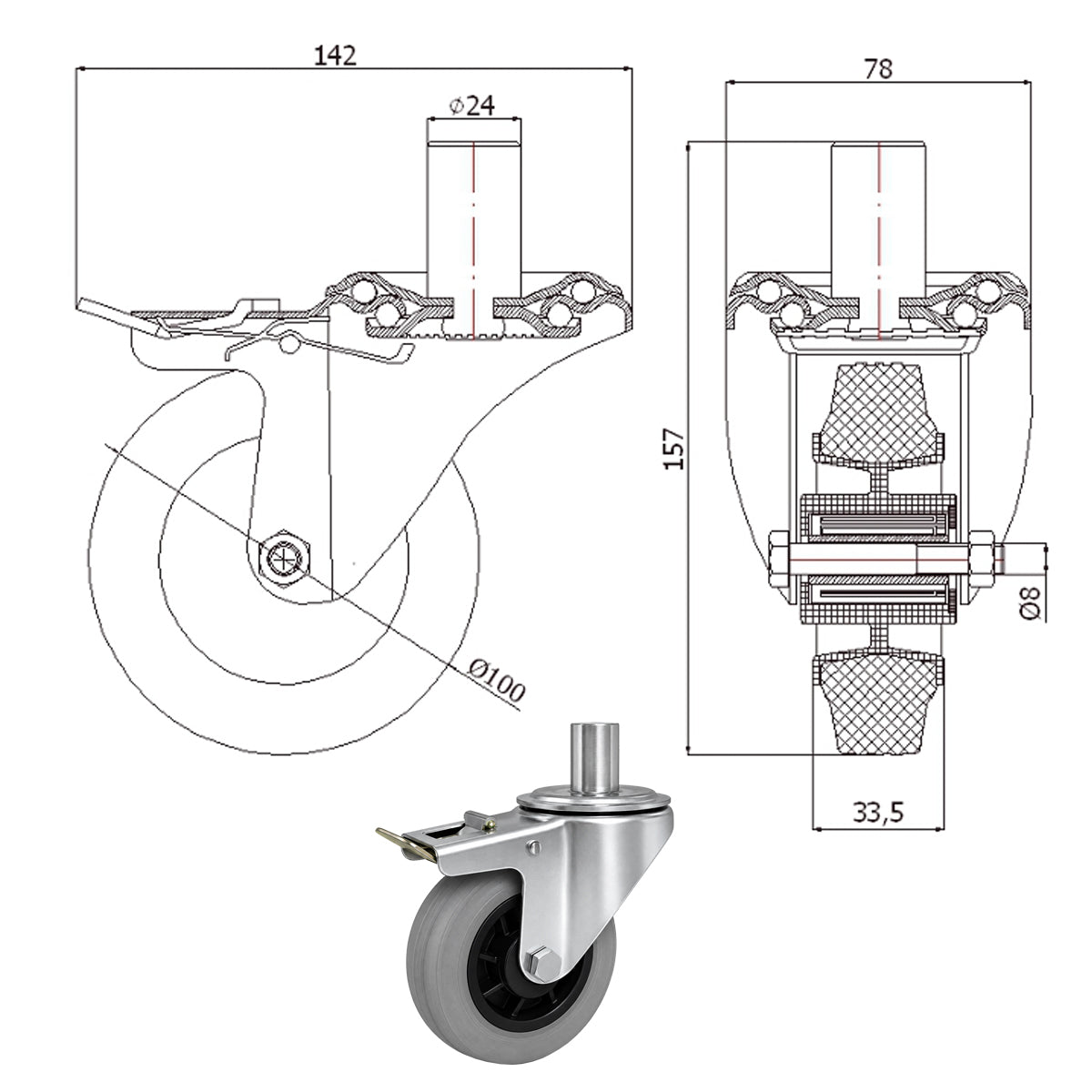 Kunststoff-Gummiräder mit Befestigungsstift und Bremse Lenkrollen  Ø100 mm Code: 16TSH*24