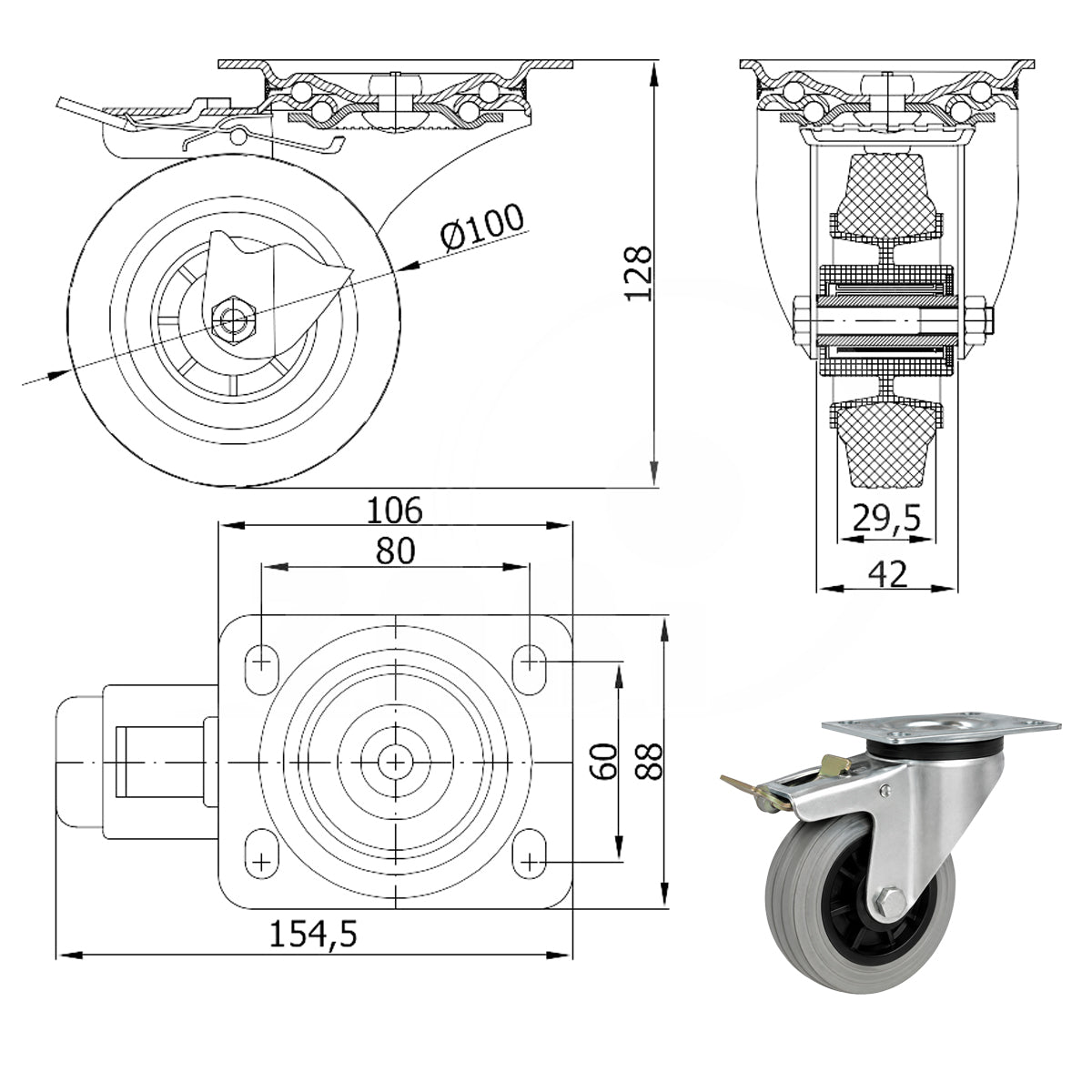 Kunststoff-Gummirrad mit Anschraubplatte und Bremse Lenkrolle Ø100 mm Code: 15TSH