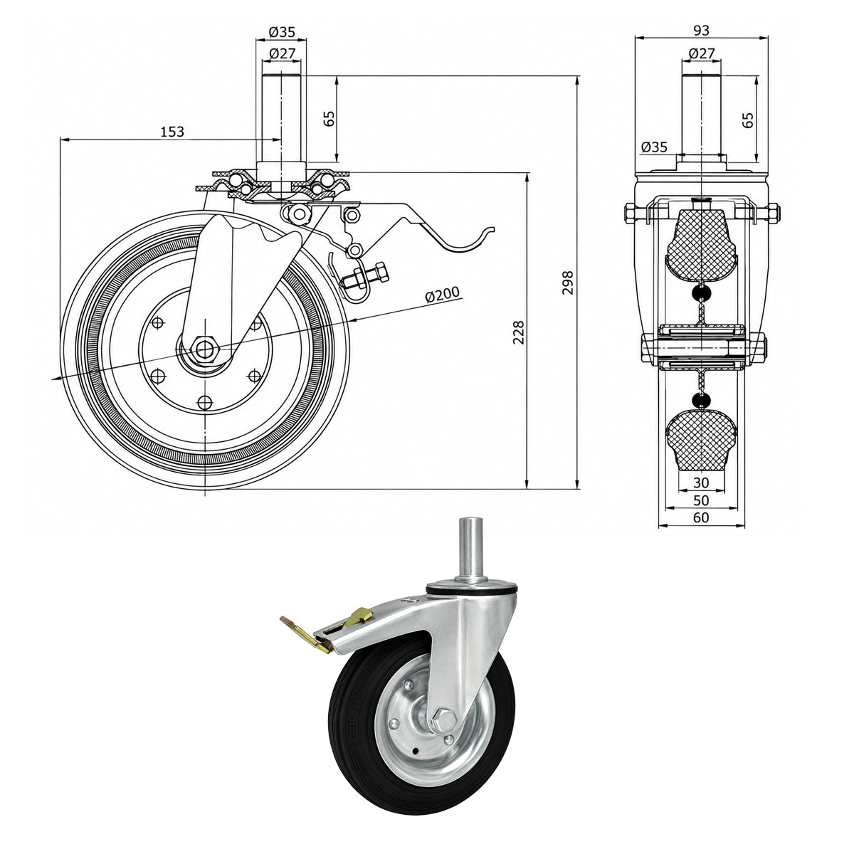 Metall-Gummiräder mit Befestigungsstift und Bremse Lenkrollen  Ø200 mm Code: 66H*27