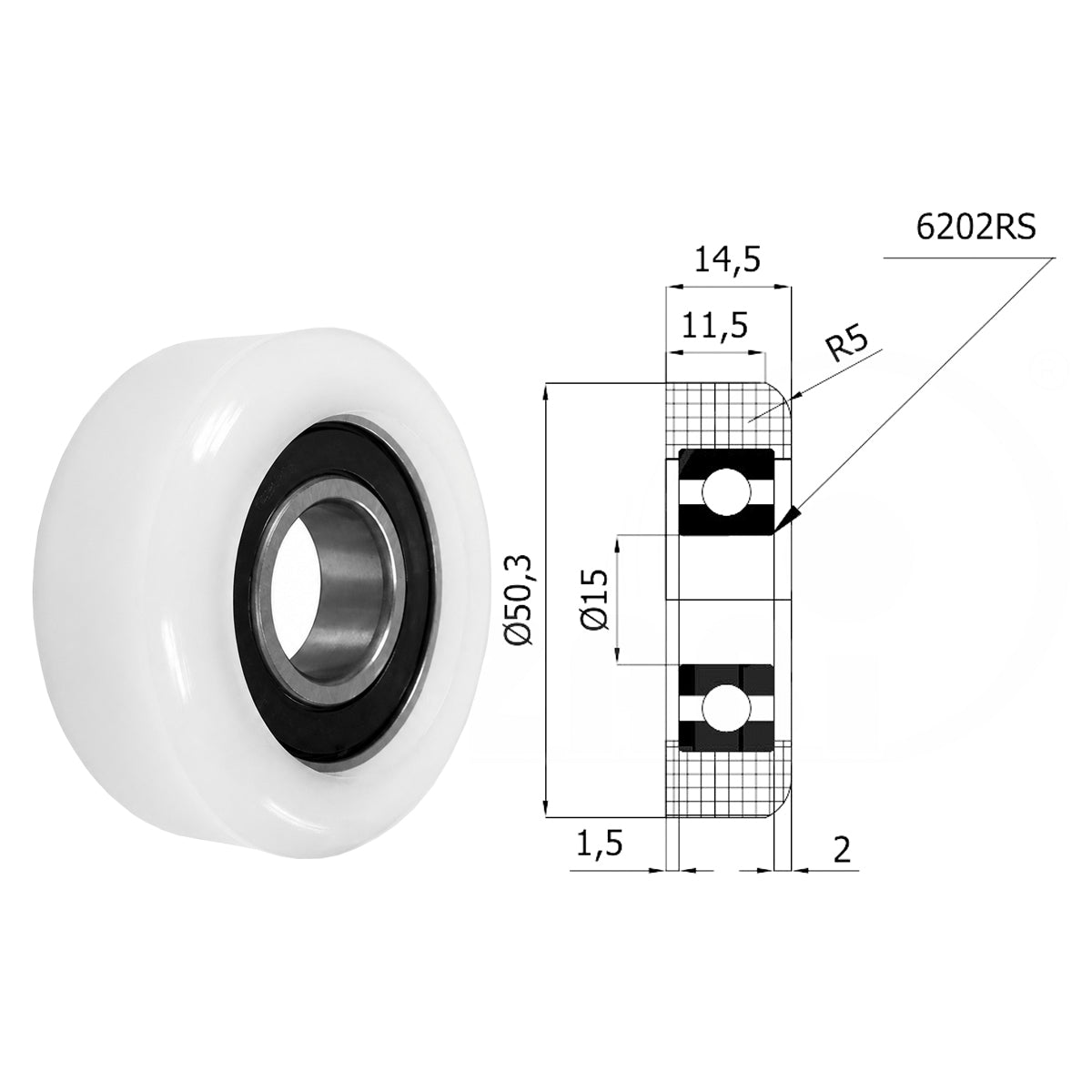 Polyamid Rolle Ø 50,3 mm mit Kugellager Kunststoffrolle Industrierollen R-50,3