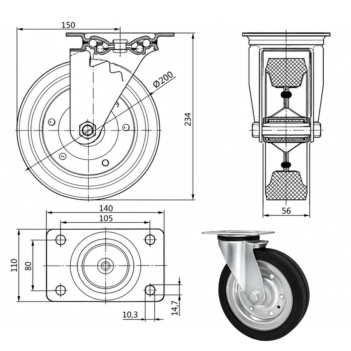 Metall-Gummiräder mit Befestigungsplatte Lenkrolle Ø200 mm mit Platte Code: 62FW