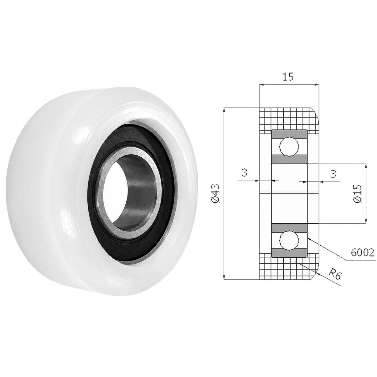 Polyamid Rolle Ø 43 mm mit Kugellager Kunststoffrolle Industrierollen R-43/15