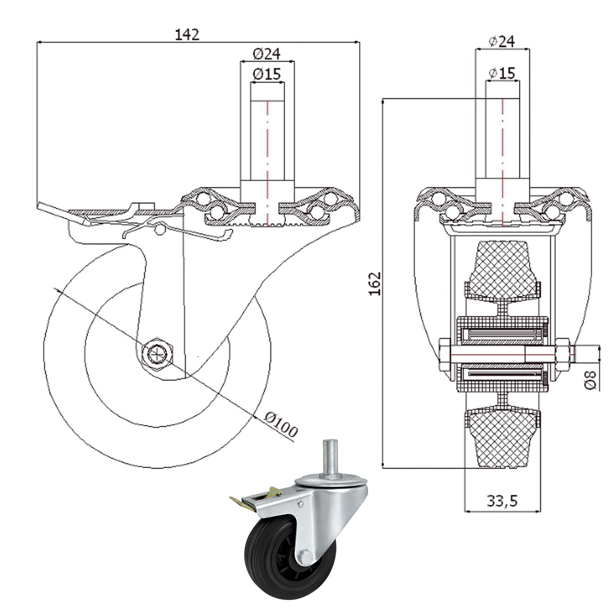 Kunststoff-Gummiräder mit Befestigungsstift und Bremse Lenkrollen  Ø100 mm Code: 16T9H*15