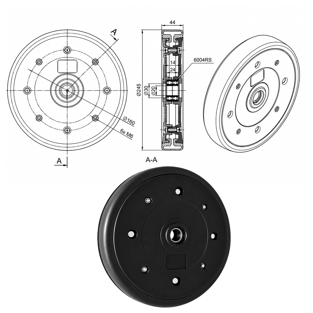 Vollgummi Rad Ø 250 mm mit Polypropylen-Felge Industrie Gummirad Code: 250PPG