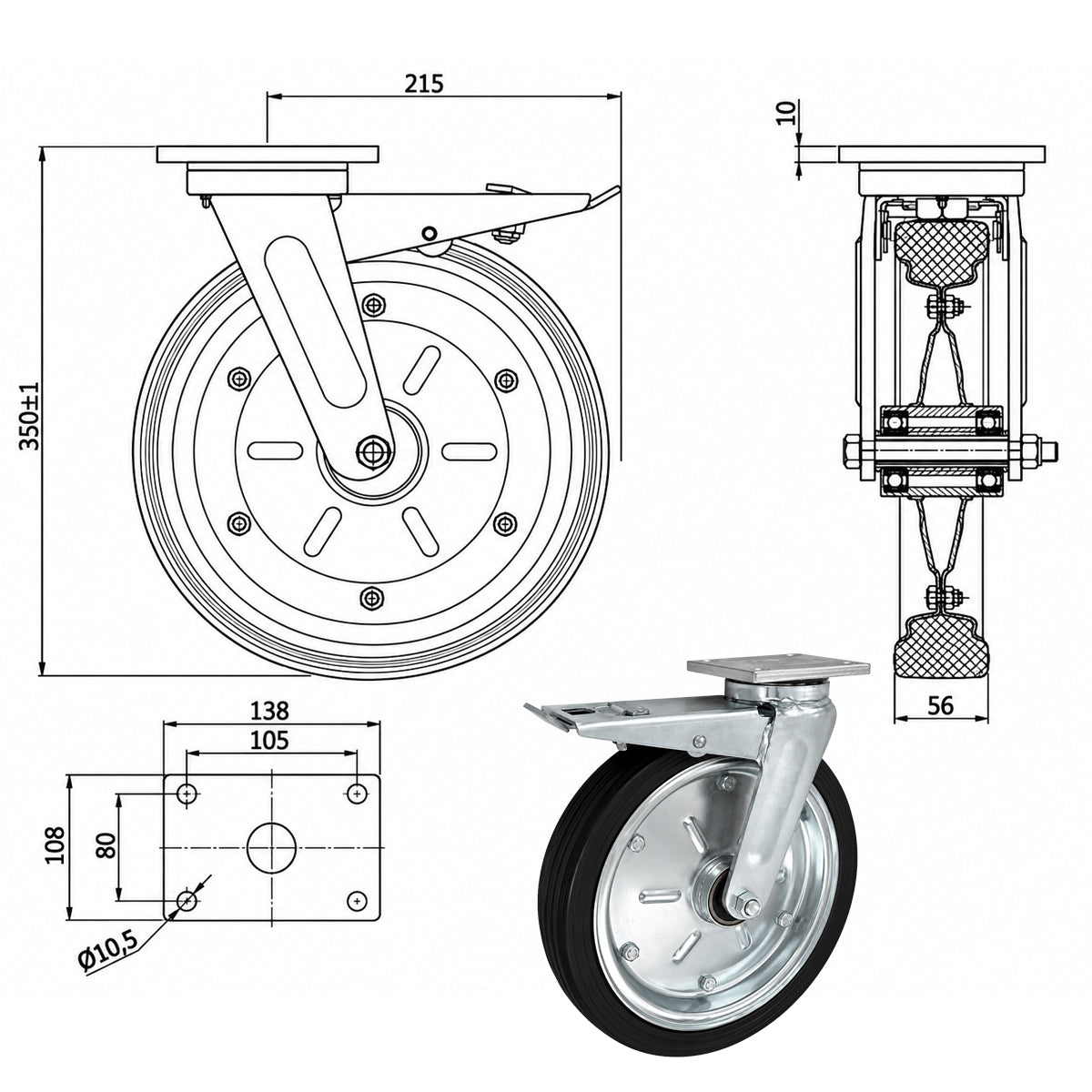Metall-Gummiräder mit Befestigungsplatte und Bremse Lenkrolle Ø300 mm Code: 1005MLDH