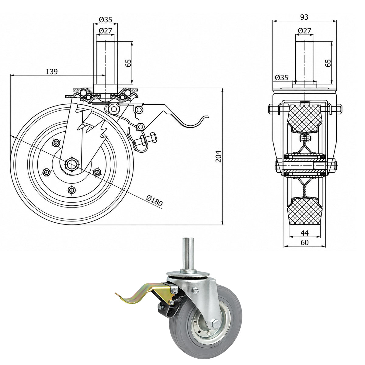 Metall-Gummiräder mit Befestigungsstift und Bremse Lenkrollen  Ø180 mm Code: 56NSH*27