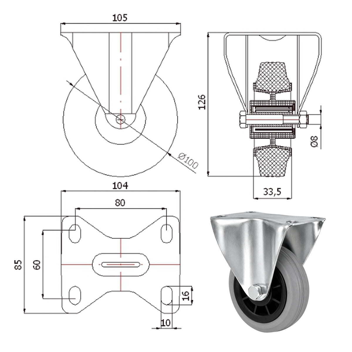 Kunststoff-Gummiräder in Bockrollengehäusen Lenkrolle Ø100 mm mit Platte Code: 13TS9