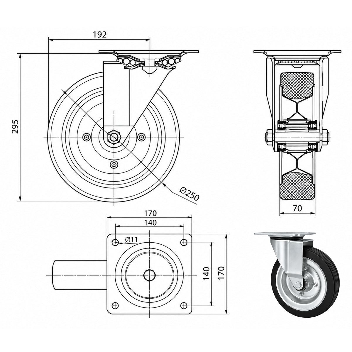 Metall-Gummiräder mit Befestigungsplatte Lenkrolle Ø250 mm mit Platte Code: 92NNL