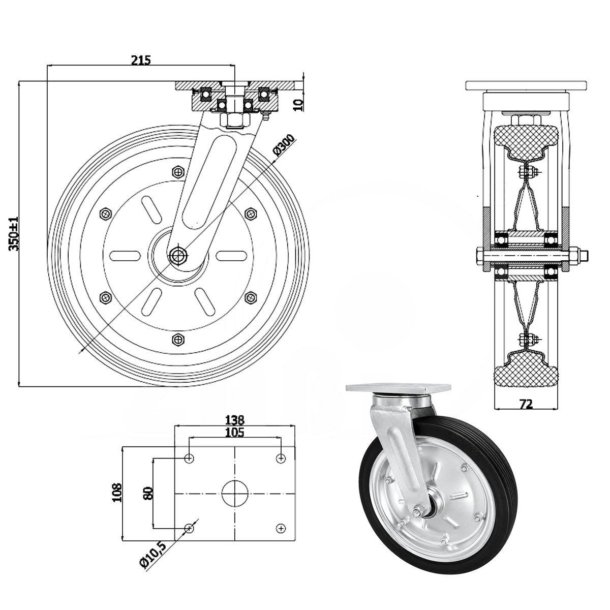 Metall-Gummiräder mit Befestigungsplatte Lenkrolle Ø300 mm mit Platte Code: 1002MNLD