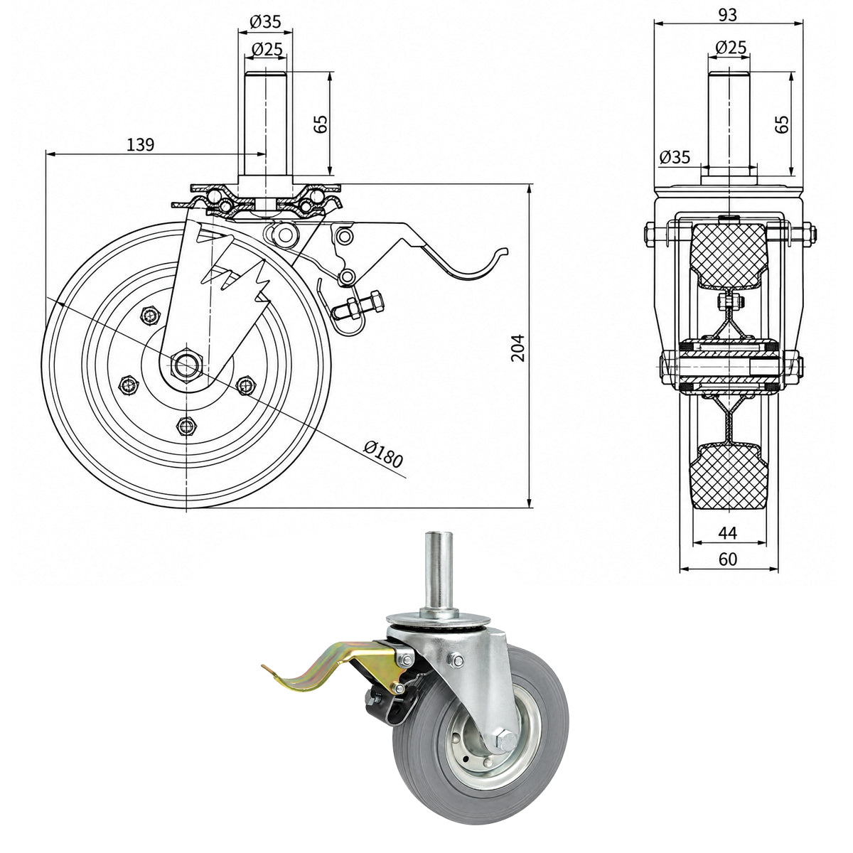 Metall-Gummiräder mit Befestigungsstift und Bremse Lenkrollen  Ø180 mm Code: 56NSH*25