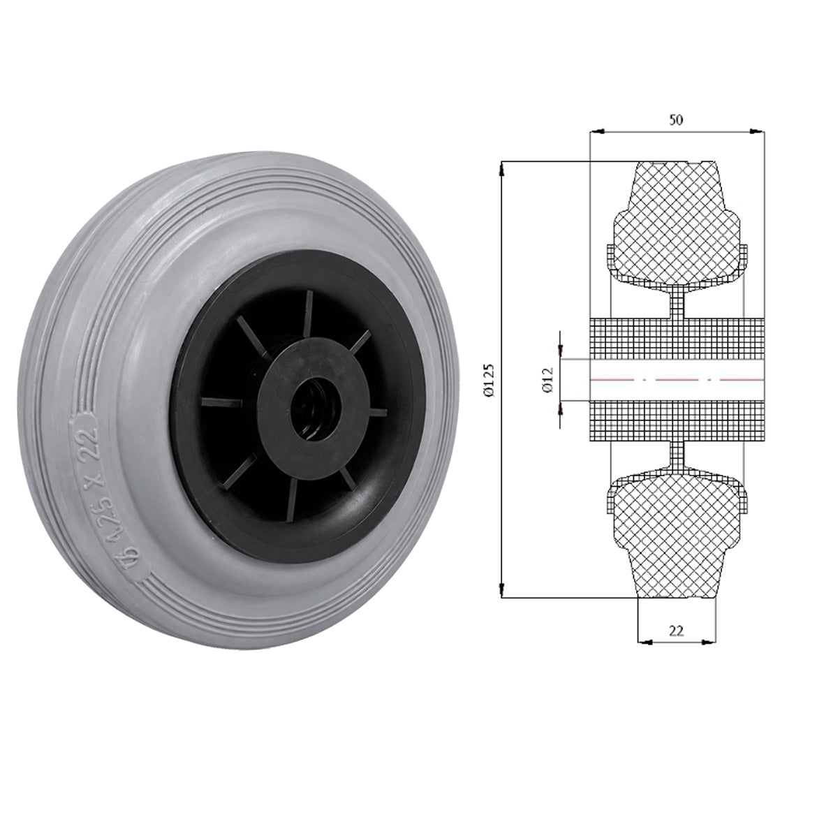 Vollgummi Rad Ø 125 mm mit Polypropylen-Felge Industrie Gummirad Code: 29TS
