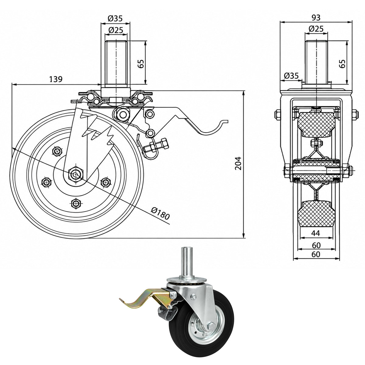 Metall-Gummiräder mit Befestigungsstift und Bremse Lenkrollen  Ø180 mm Code: 56H*25