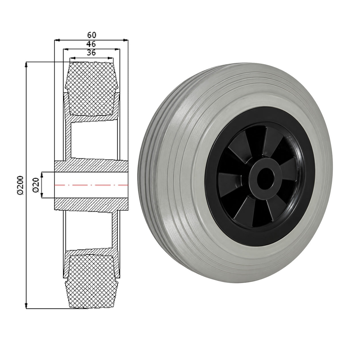 Vollgummi Rad Ø 200 mm mit Polypropylen-Felge Industrie Gummirad Code: 69TS