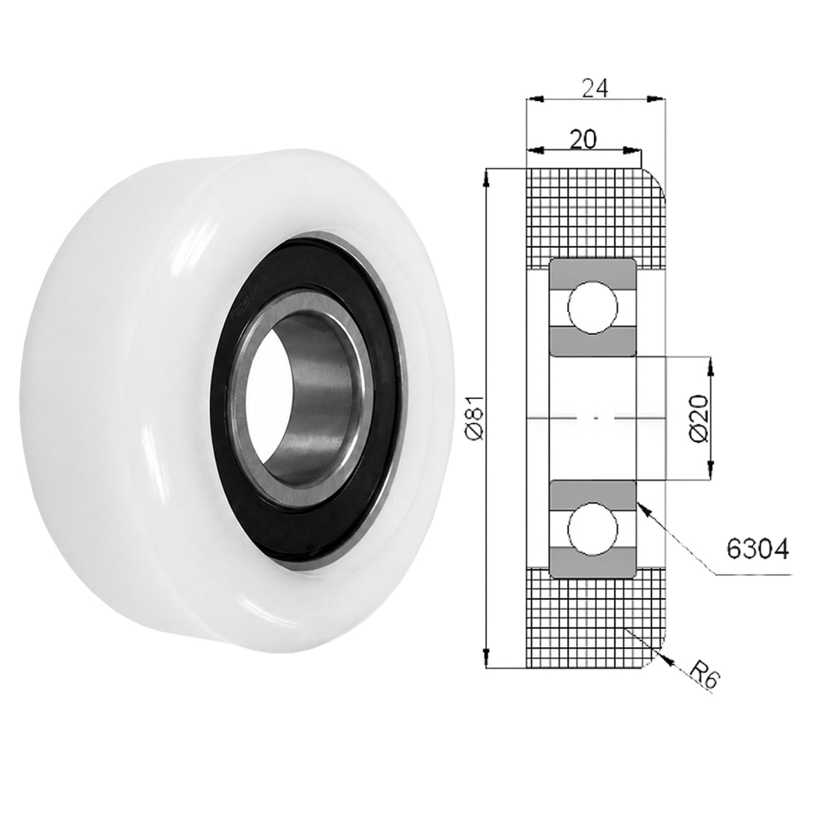 Polyamid Rolle Ø 81 mm mit Kugellager Kunststoffrolle Industrierollen R-81