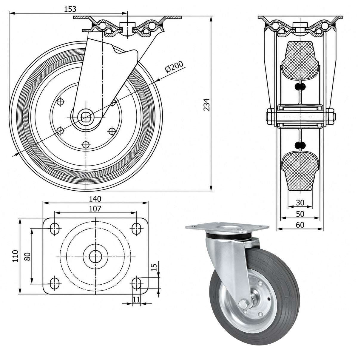 Metall-Gummiräder mit Befestigungsplatte Lenkrolle Ø200 mm mit Platte Code: 62S