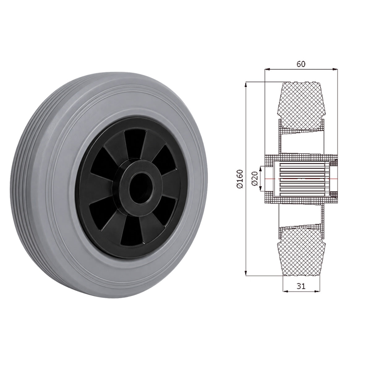 Vollgummi Rad Ø 160 mm mit Polypropylen-Felge Industrie Gummirad Code: 49TS