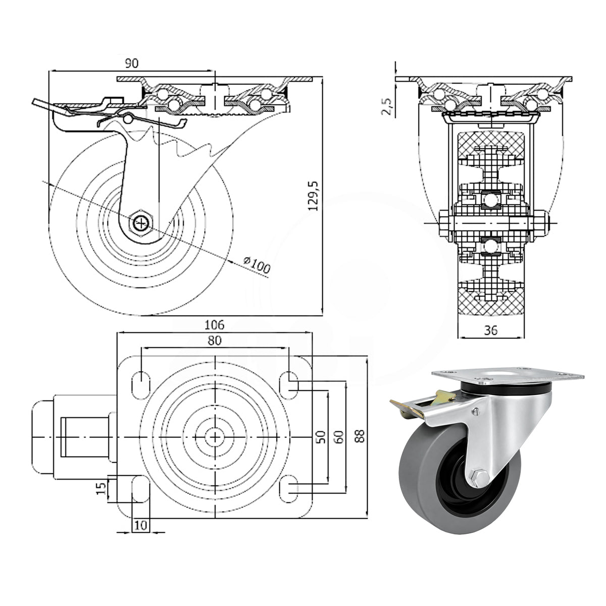 Polypropylen-Polyurethan-Rad mit schwenkbarem Gehäuse und Bremse für Transportwagen und Industrieanwendungen Ø100 mm Code: 15PPUXH