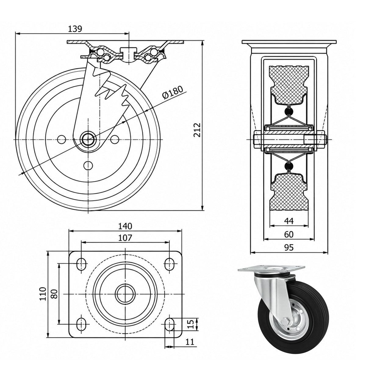 Metall-Gummiräder mit Befestigungsplatte Lenkrolle Ø180 mm mit Platte Code: 52