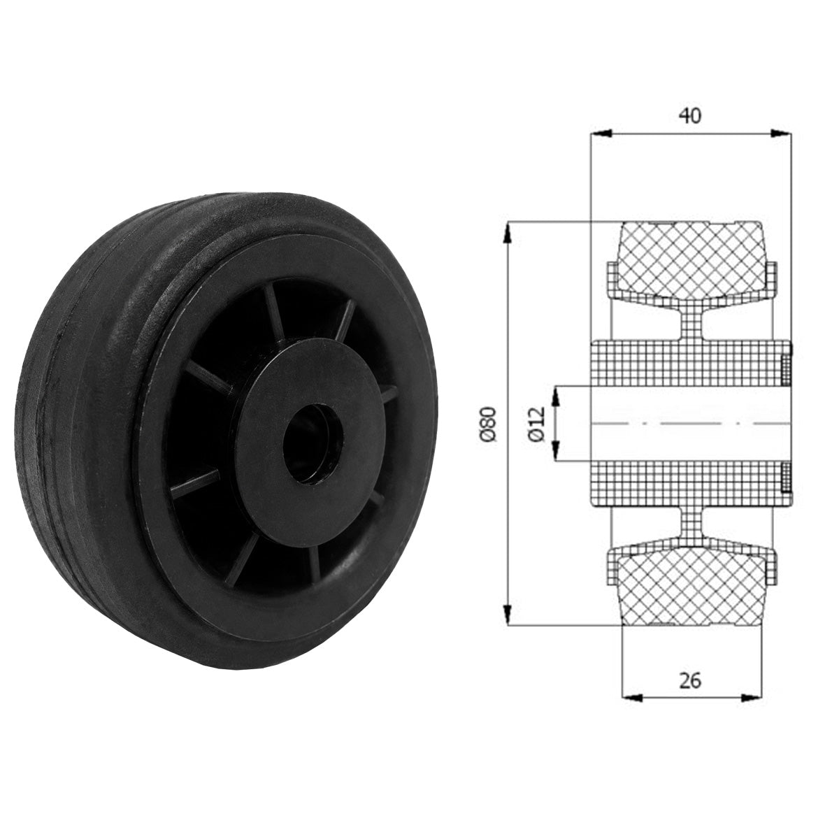 Vollgummi Rad Ø 80 mm  mit Polypropylen-Felge Industrie Gummirad Code: 9T
