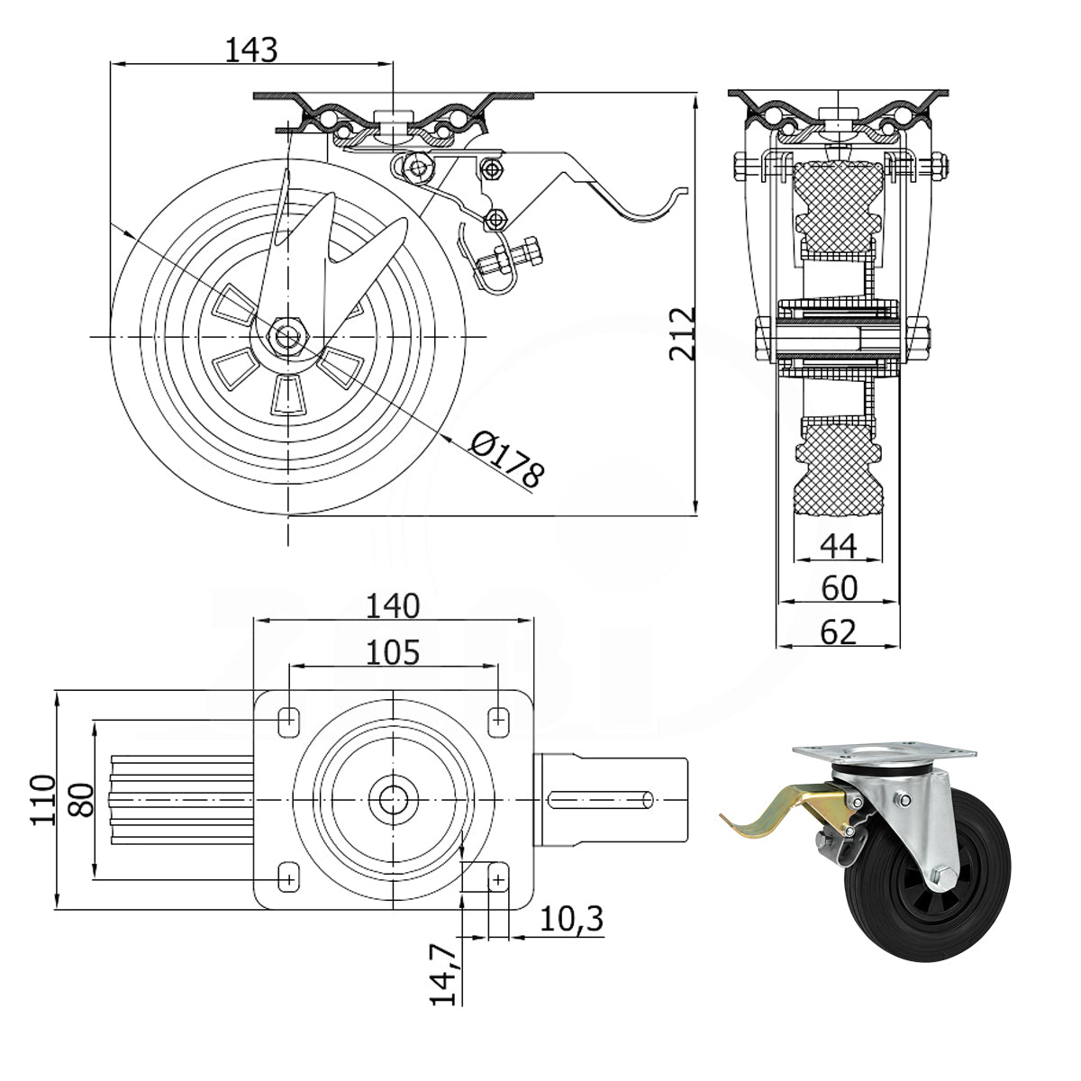 Kunststoff-Gummirrad mit Anschraubplatte und Bremse Lenkrolle Ø180 mm Code: 55T9H