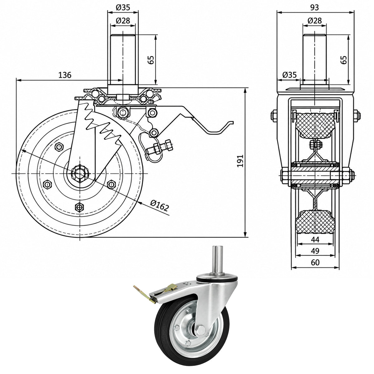 Metall-Gummiräder mit Befestigungsstift und Bremse Lenkrollen  Ø160 mm Code: 46NH*28