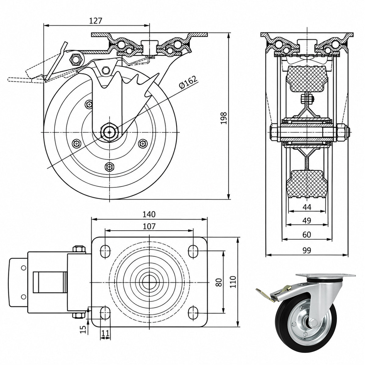Metall-Gummiräder mit Befestigungsplatte und Bremse Lenkrolle Ø160 mm Code: 45NWH