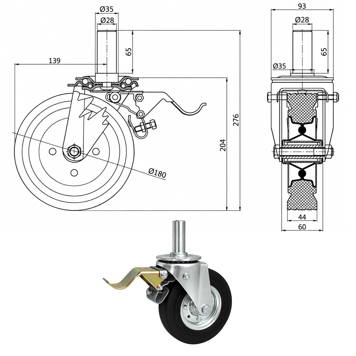 Metall-Gummiräder mit Befestigungsstift und Bremse Lenkrollen  Ø180 mm Code: 56H*28