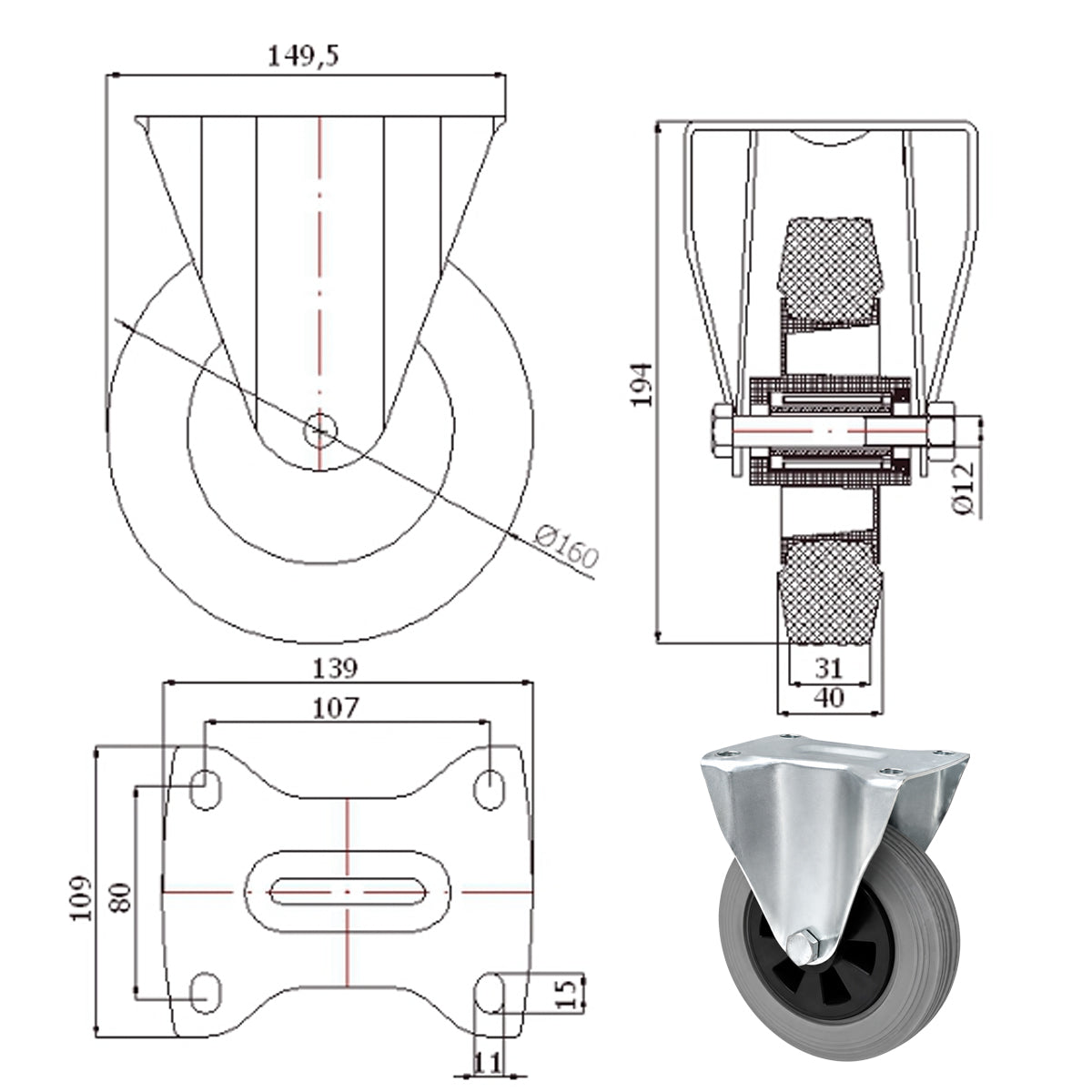 Kunststoff-Gummiräder in Bockrollengehäusen Lenkrolle Ø160 mm mit Platte Code: 43TS