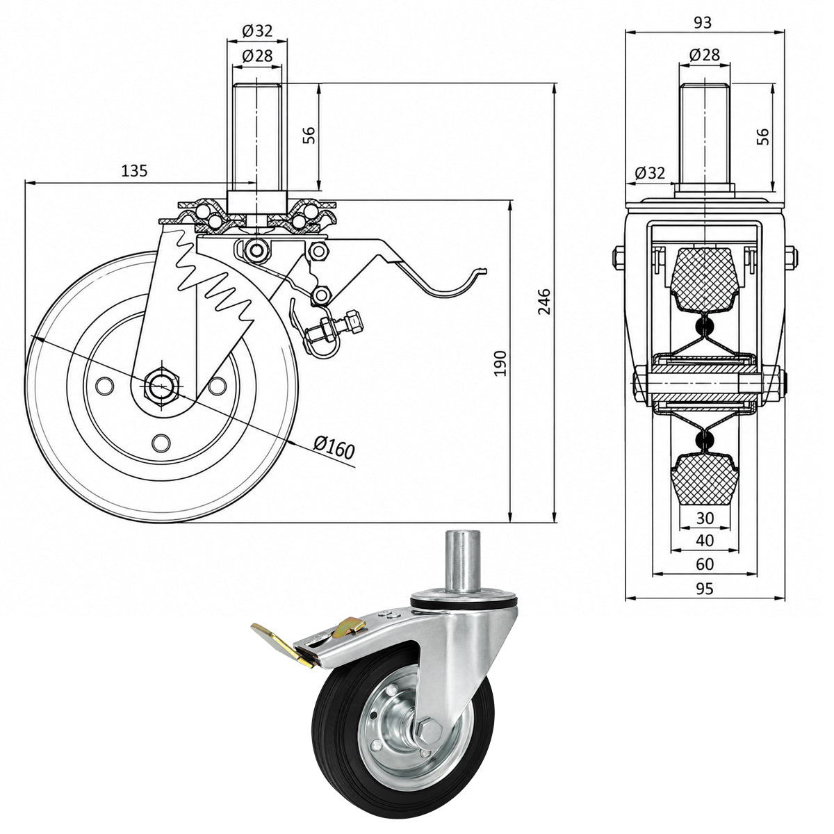Metall-Gummiräder mit Befestigungsstift und Bremse Lenkrollen  Ø160 mm Code: 46H*32