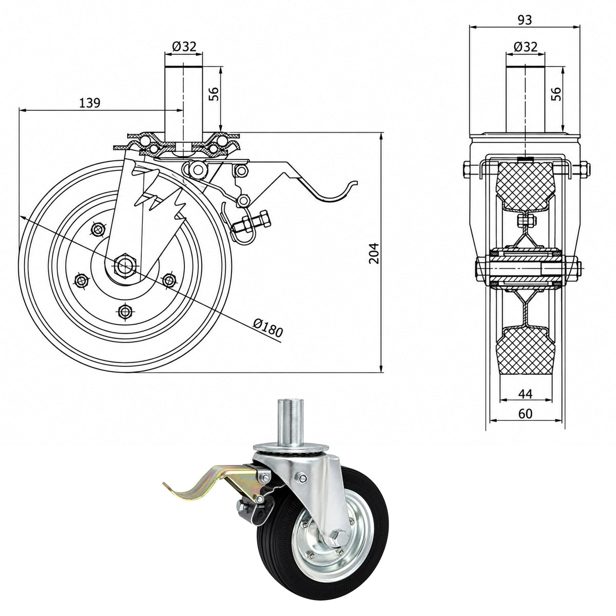 Metall-Gummiräder mit Befestigungsstift und Bremse Lenkrollen  Ø180 mm Code: 56NH*32