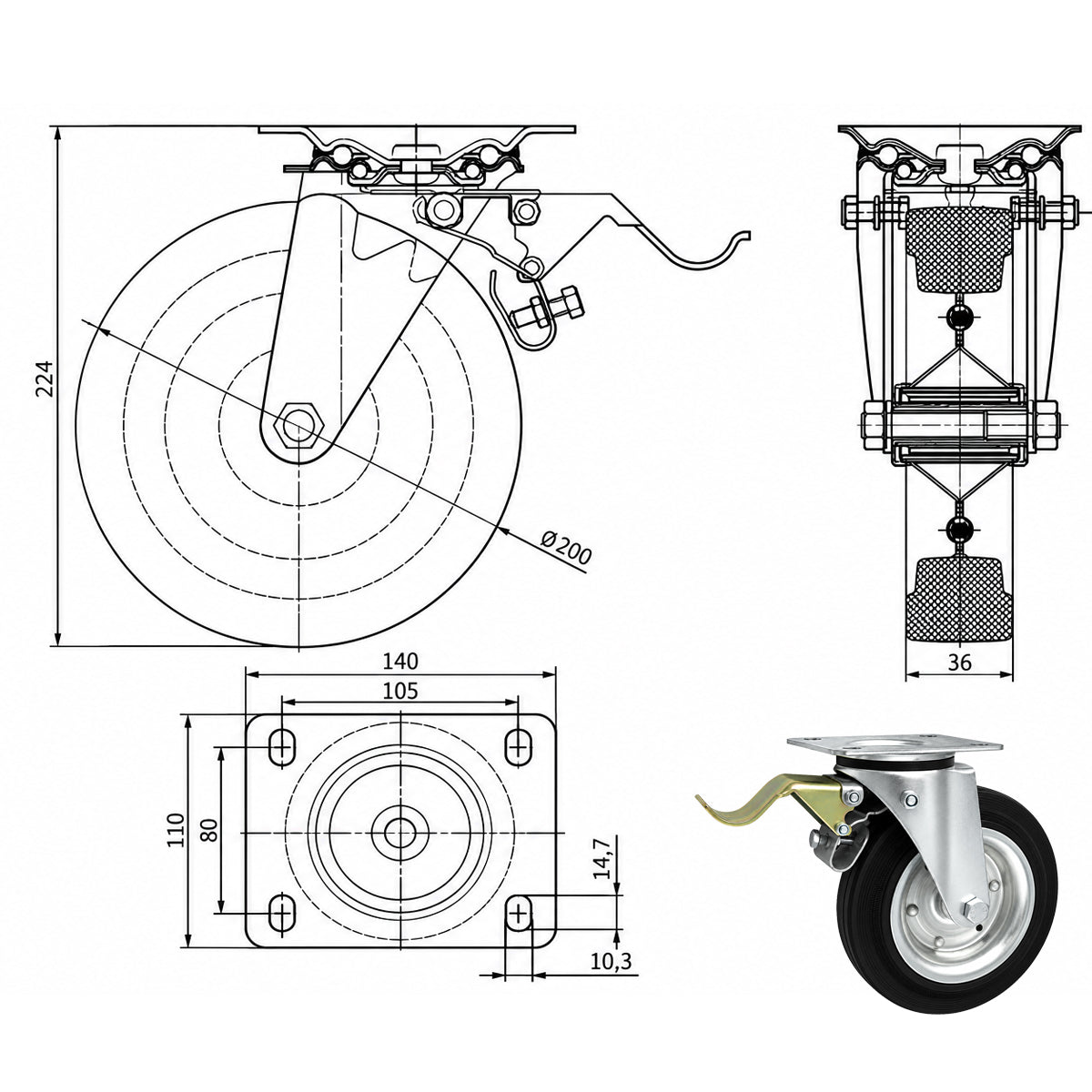 Metall-Gummiräder mit Befestigungsplatte und Bremse Lenkrolle Ø200 mm Code: 65H
