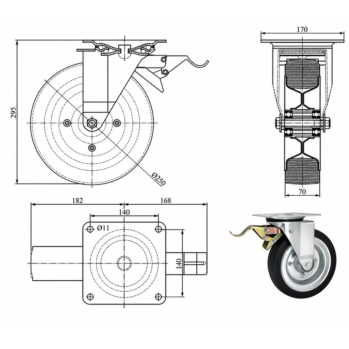 Metall-Gummiräder mit Befestigungsplatte und Bremse Lenkrolle Ø250 mm Code: 95NNLH