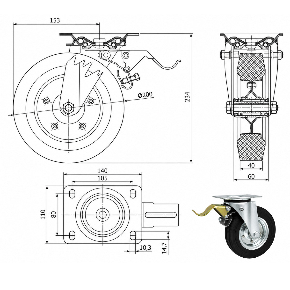 Metall-Gummiräder mit Befestigungsplatte und Bremse Lenkrolle Ø200 mm Code: 65NH