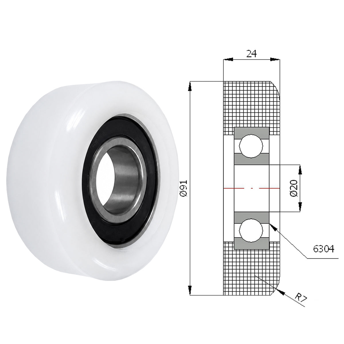 Polyamid Rolle Ø 91 mm mit Kugellager Kunststoffrolle Industrierollen R-91
