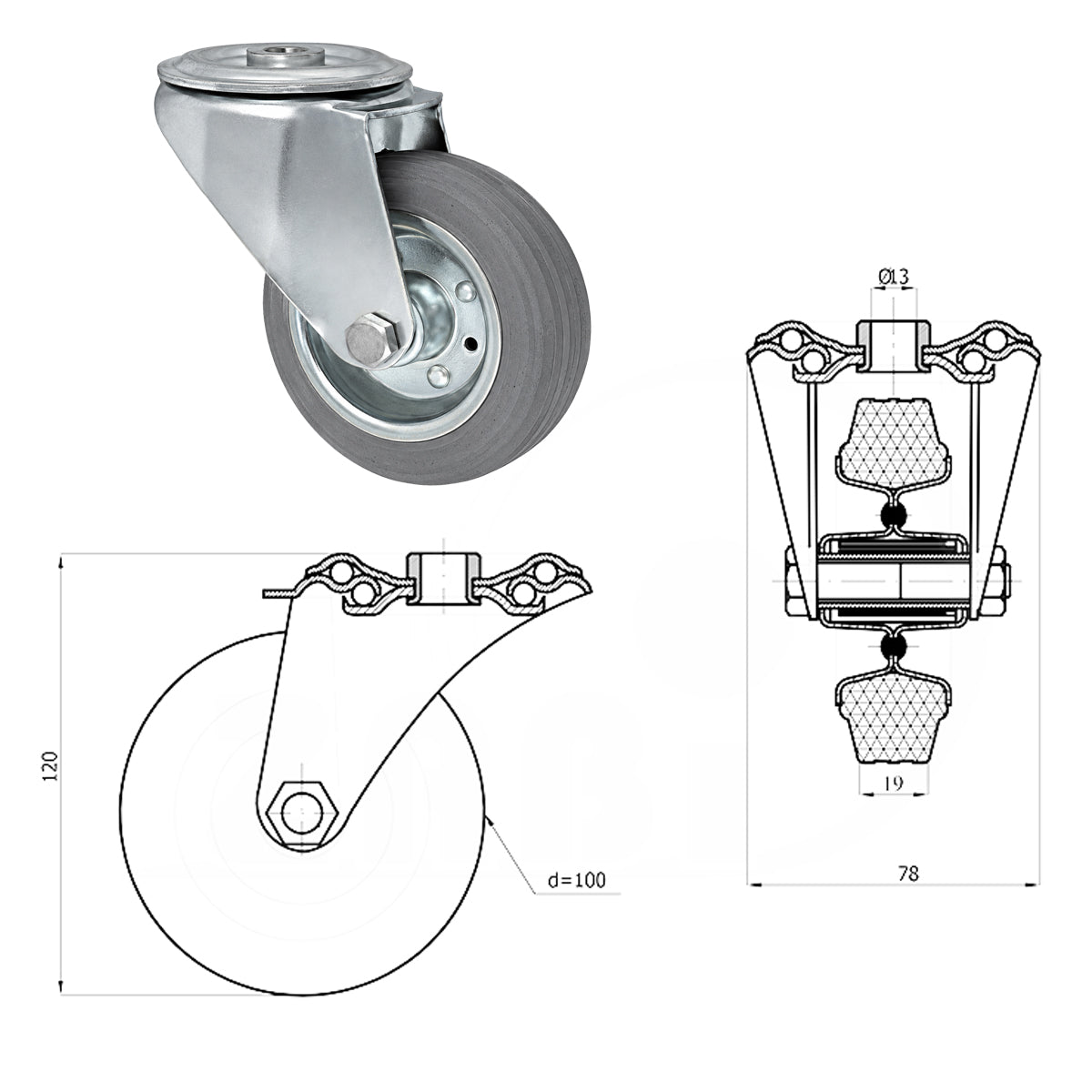 Metall-Gummiräder mit Befestigungsstift mit Zentralbohrung  Ø100 mm Code: 17S