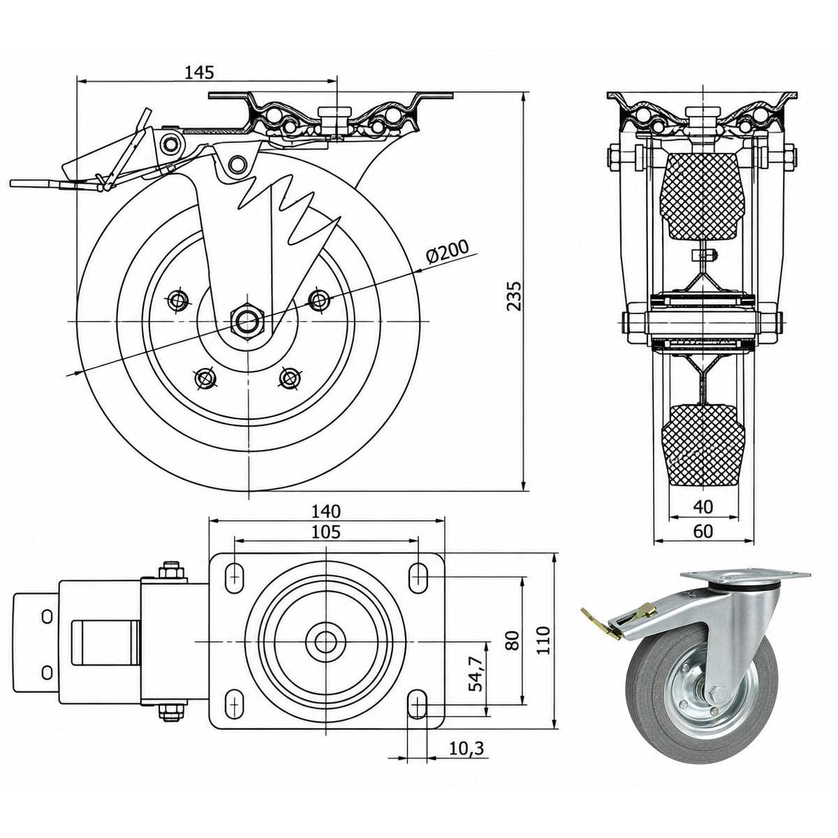 Metall-Gummiräder mit Befestigungsplatte und Bremse Lenkrolle Ø200 mm Code: 65NSWH