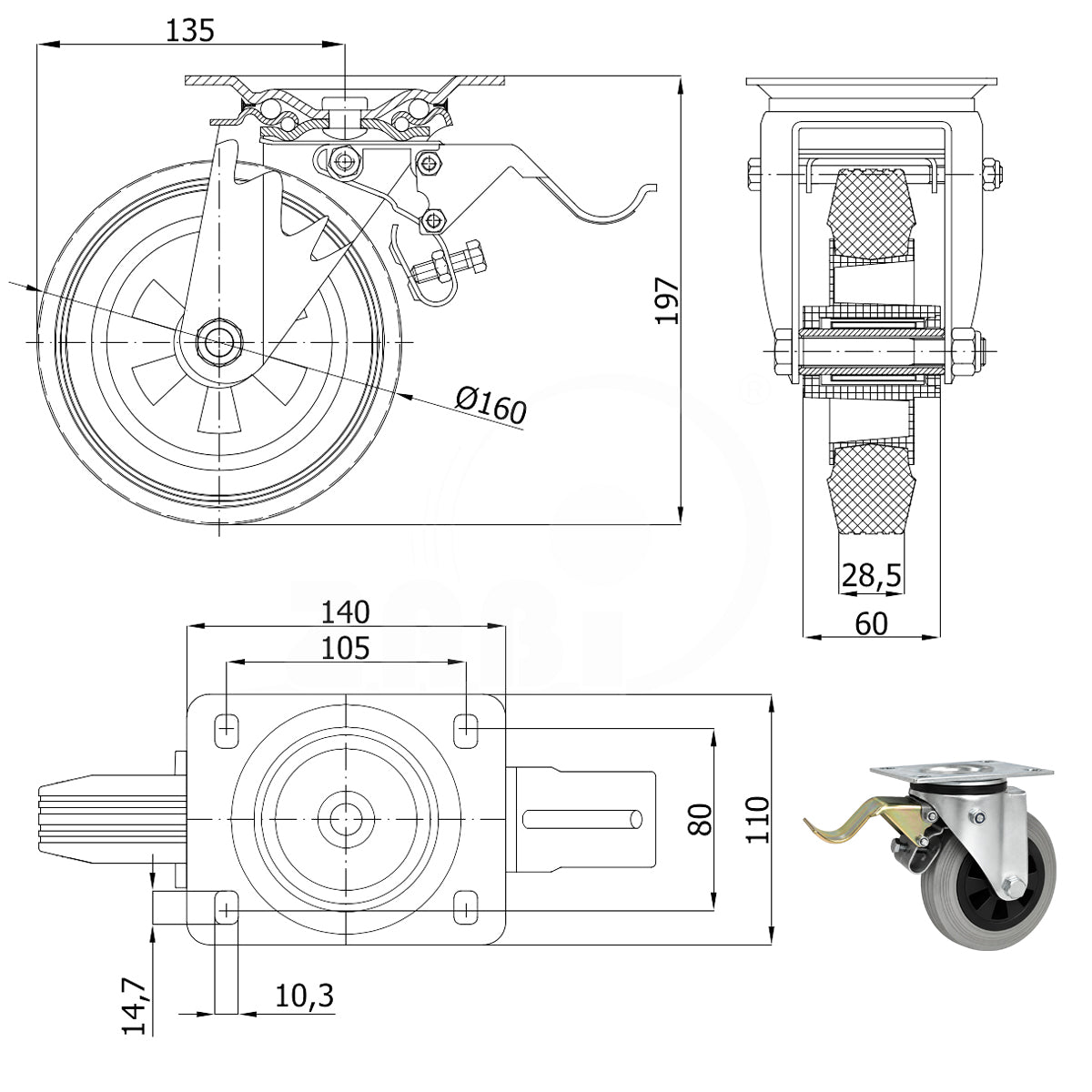 Kunststoff-Gummirrad mit Anschraubplatte und Bremse Lenkrolle Ø160 mm Code: 45TS9H