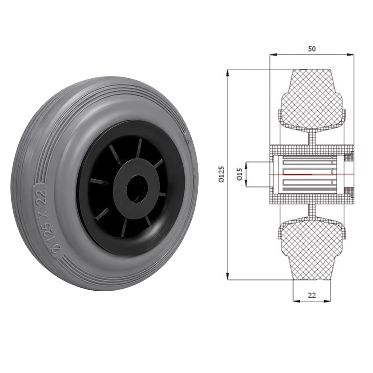 Vollgummi Rad Ø 125 mm mit Polypropylen-Felge Industrie Gummirad Code: 20TS
