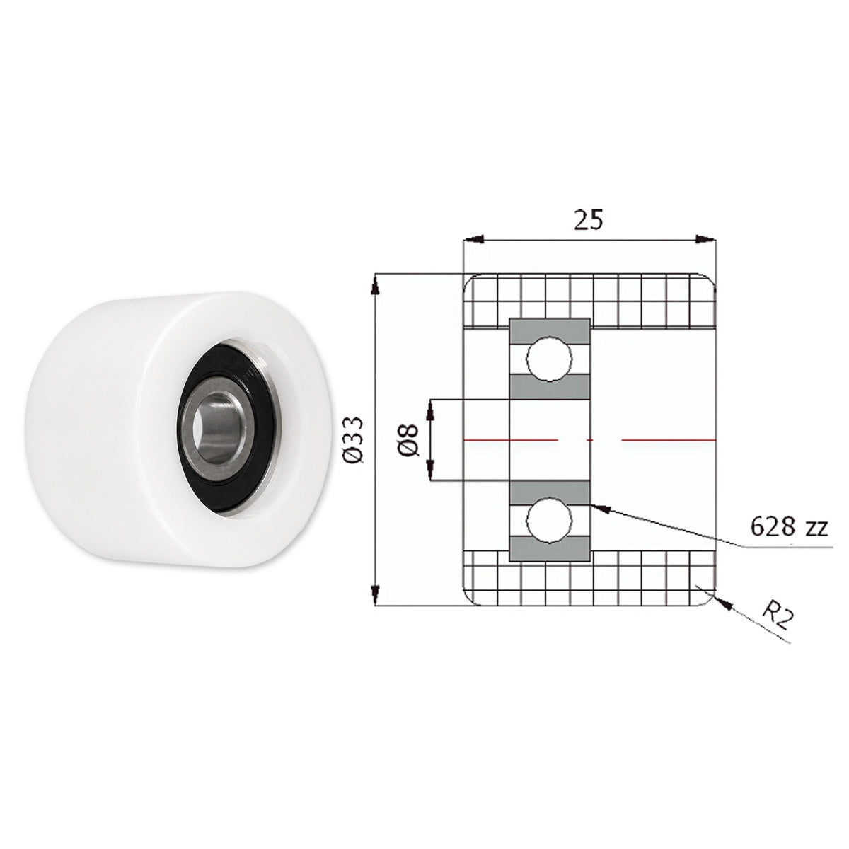 Teilen Polyamid Rolle Ø 33 mm mit Kugellager Kunststoffrolle Industrierollen RB-33LL