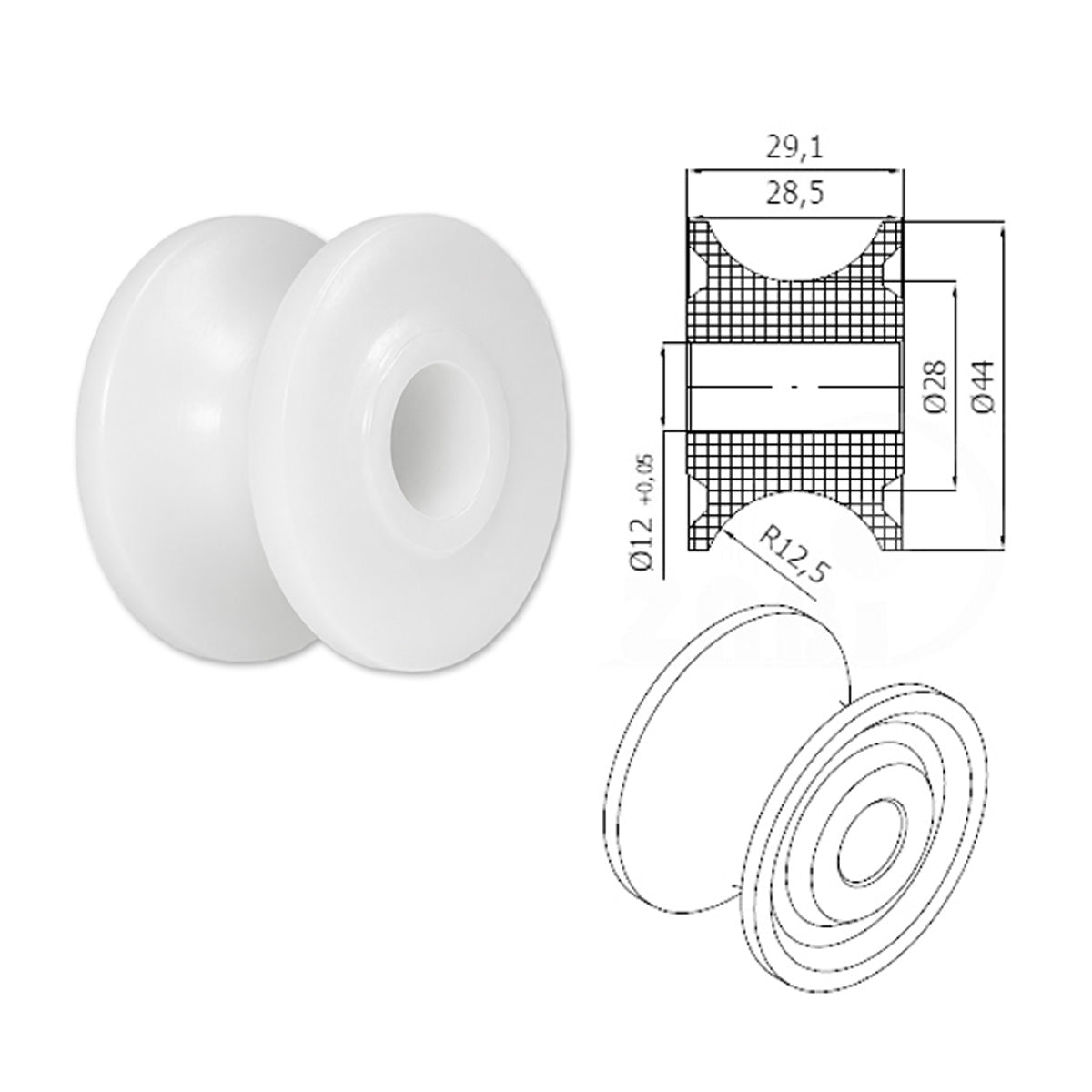 Seilrolle mit Gleitlager Ø 44 mm Polyamid Kunststoffrolle für Seil Ø25 mm C44/25