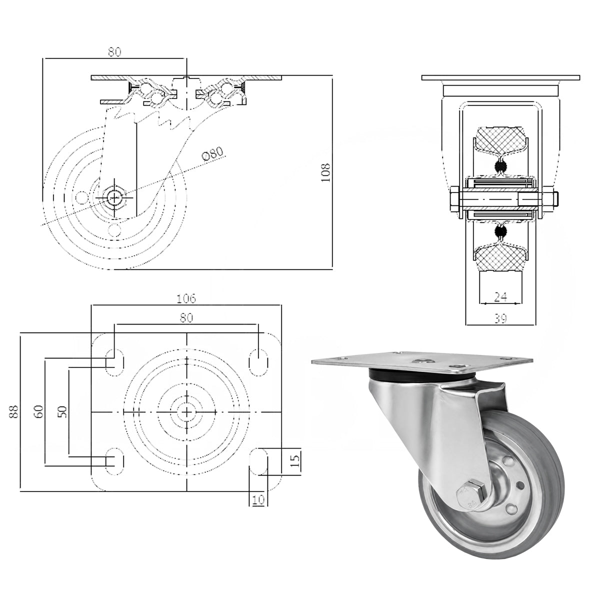 Metall-Gummiräder mit Befestigungsplatte Lenkrolle Ø80 mm mit Platte Code: 3LS
