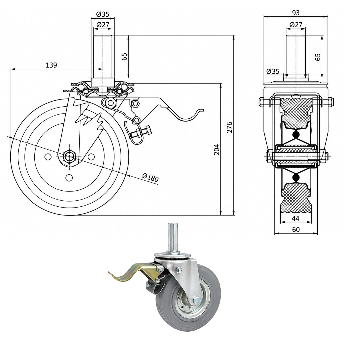 Metall-Gummiräder mit Befestigungsstift und Bremse Lenkrollen  Ø180 mm Code: 56SH*27