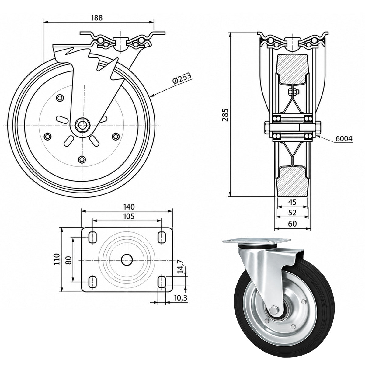 Metall-Gummiräder mit Befestigungsplatte Lenkrolle Ø250 mm mit Platte Code: 92LW